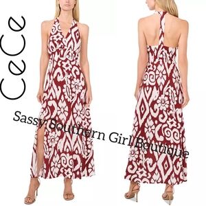 🆕⭐ CeCe Maroon And White Print Maxi Dress